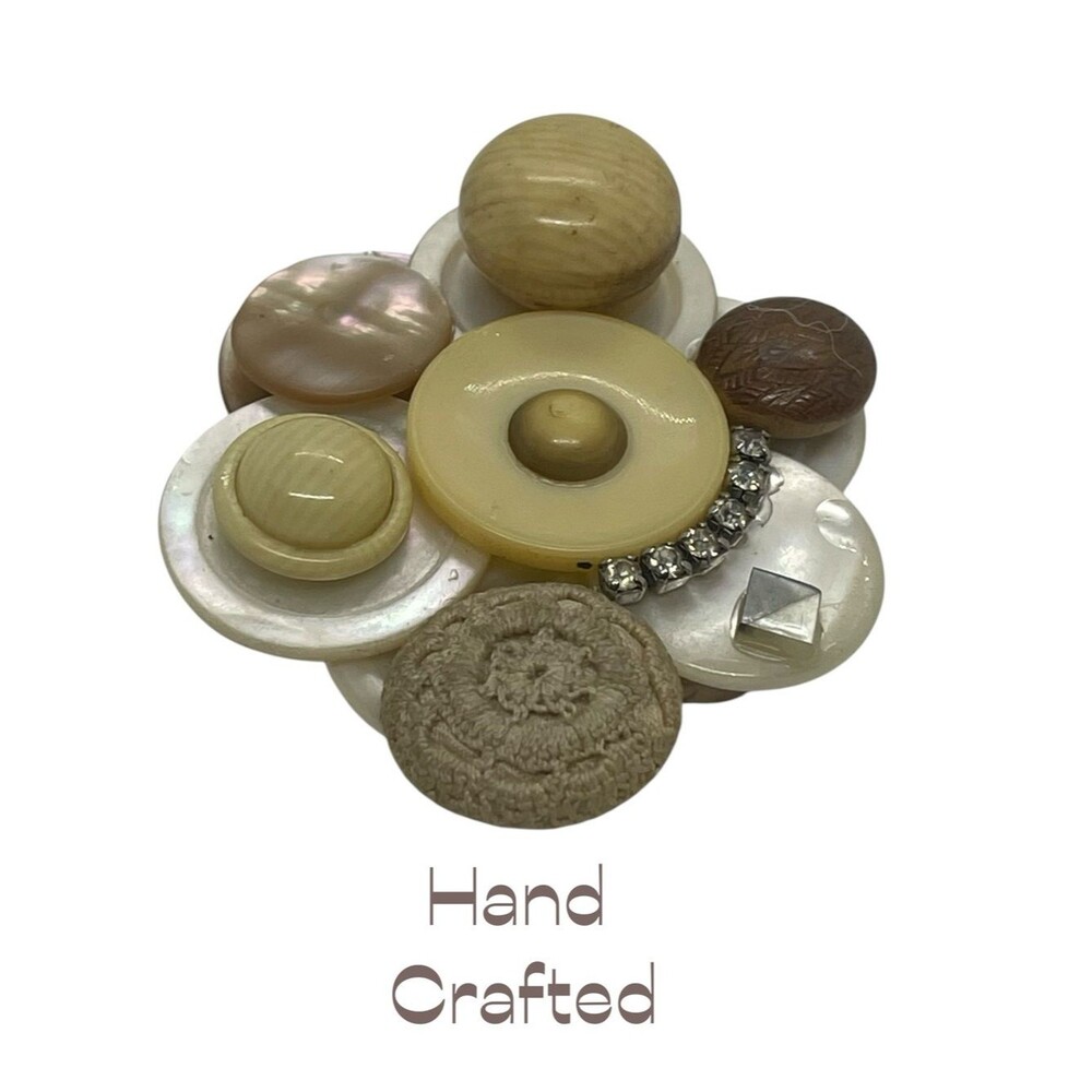 Hand Crafted Antique Cream Tan Resin Rhinestone Button Brooch NWT